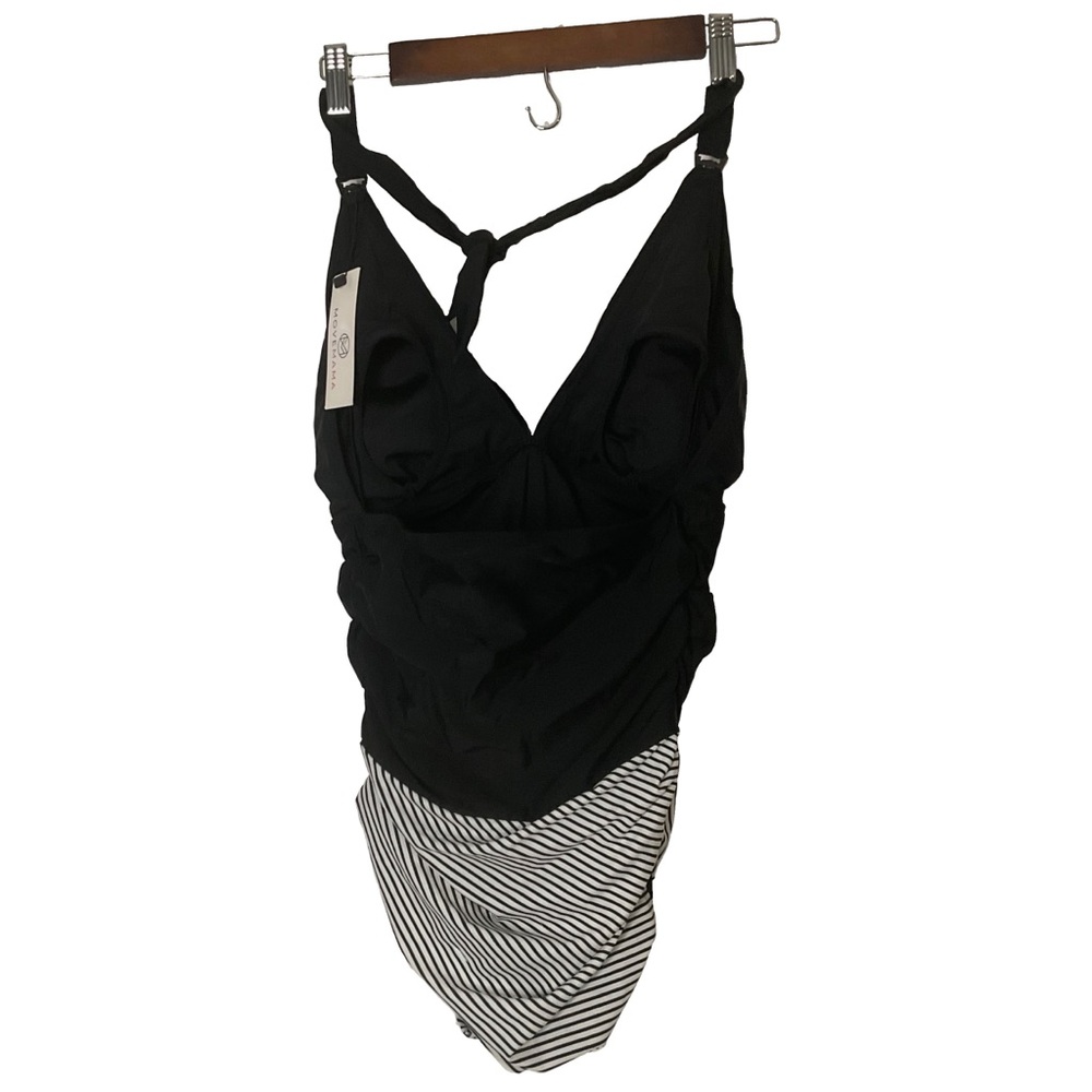MoveMama Black & White Nursing Pull Down Breast Panels Striped Swimsuit Size LG